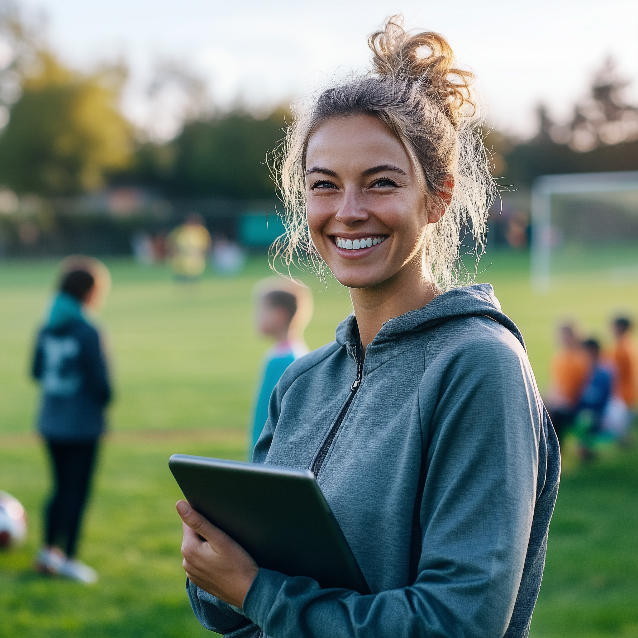 A smiling soccer coach with his team in the background.