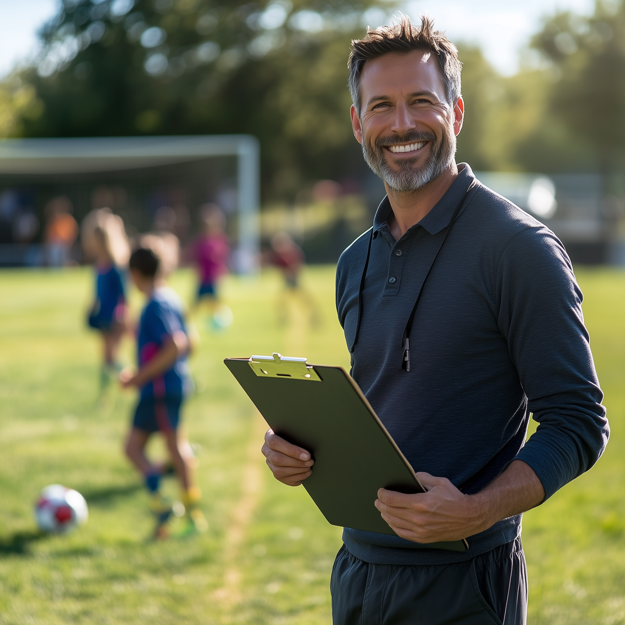 A smiling soccer coach with his team in the background.